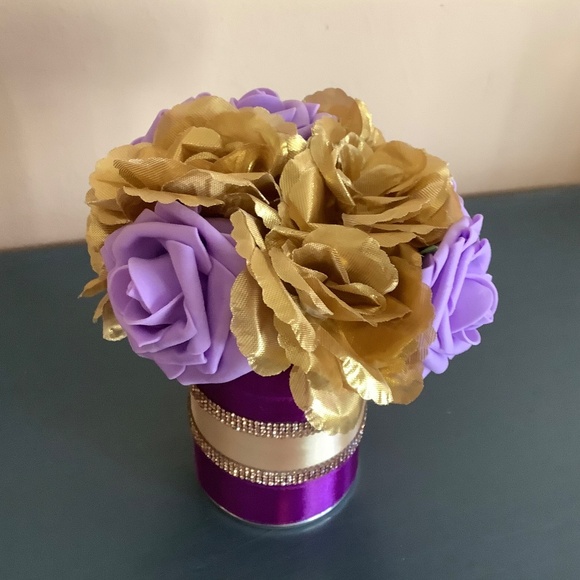 Golden Rose centerpiece with satin and rhinestone ribbon…you pick colors - Picture 2 of 10